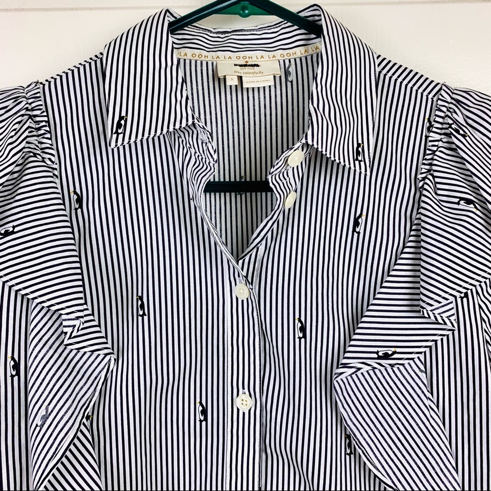 NWOT Kate Spade Penguin Print Stripe Ruffle Blouse - Picture 6 of 7